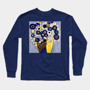 Cute Abstract Flowers in a Blue and Gold Vase Still Life Painting Long Sleeve T-Shirt